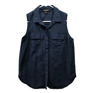 Banana Republic Cotton Silk Camp Shirt Womens XS Navy Sleeveless Button Front